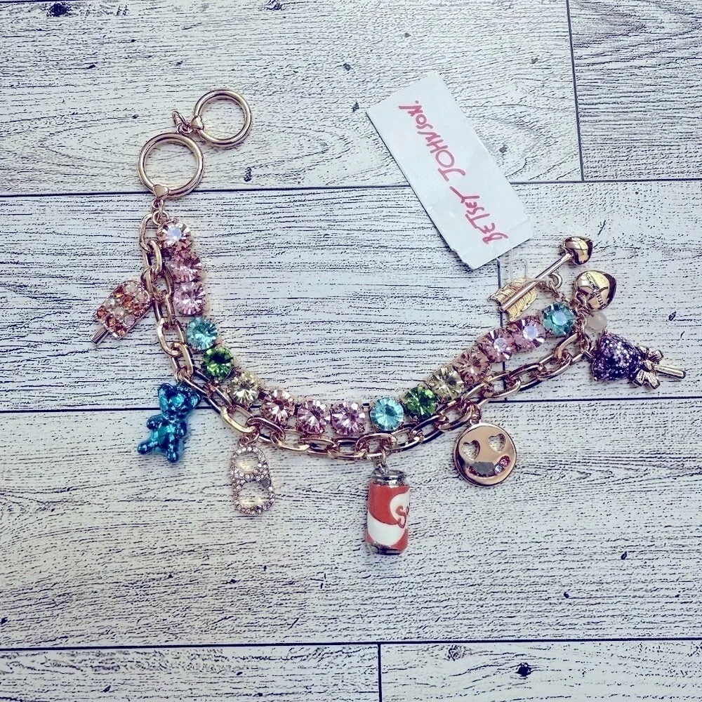 Betsey Johnson Gummy Bear Soda Smiley Face Arrow Rhinestone charm bracelet NEW